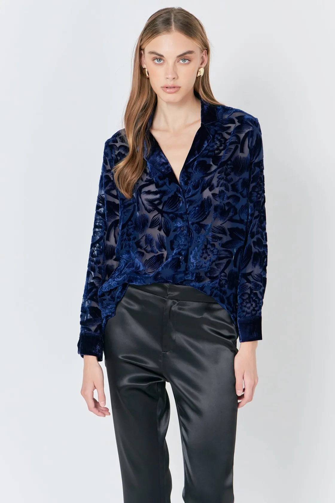 endless_rose__velvet_burn_3.webp ENDLESS ROSE Tops*- Velvet Burnout Collared Top NAVY
