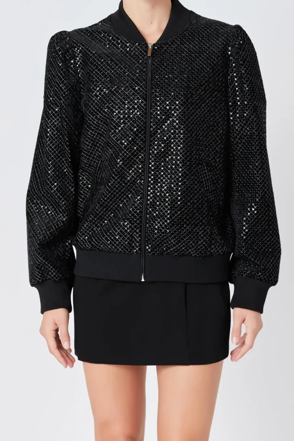 ENDLESS ROSE Jackets & Coats | Tops*- Velvet Sequin Bomber Jacket BLACK