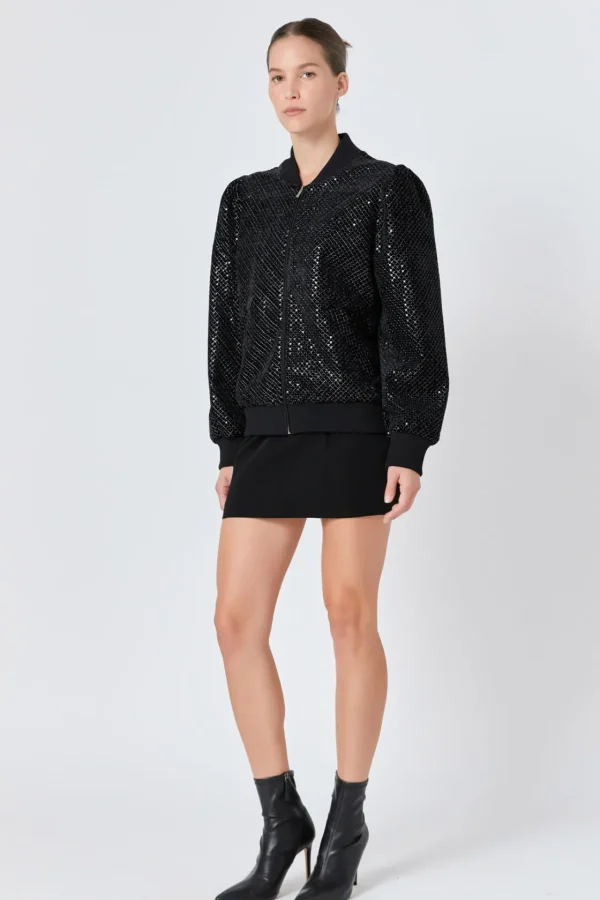 ENDLESS ROSE Jackets & Coats | Tops*- Velvet Sequin Bomber Jacket BLACK