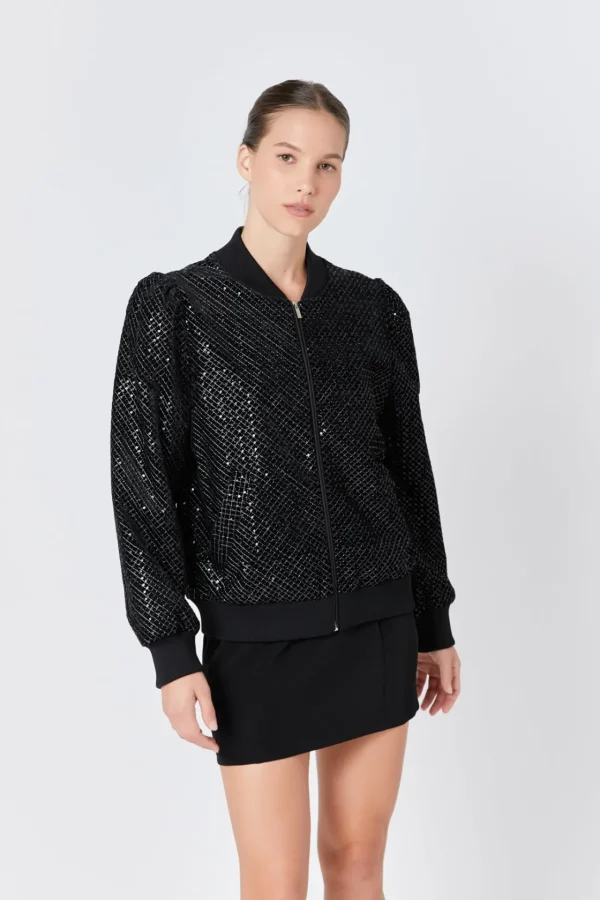 ENDLESS ROSE Jackets & Coats | Tops*- Velvet Sequin Bomber Jacket BLACK