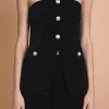 ENDLESS ROSE Tops*- Velvet Strapless Buttoned Long Top BLACK