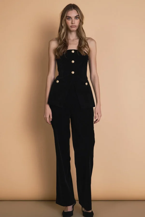 ENDLESS ROSE Tops*- Velvet Strapless Buttoned Long Top BLACK