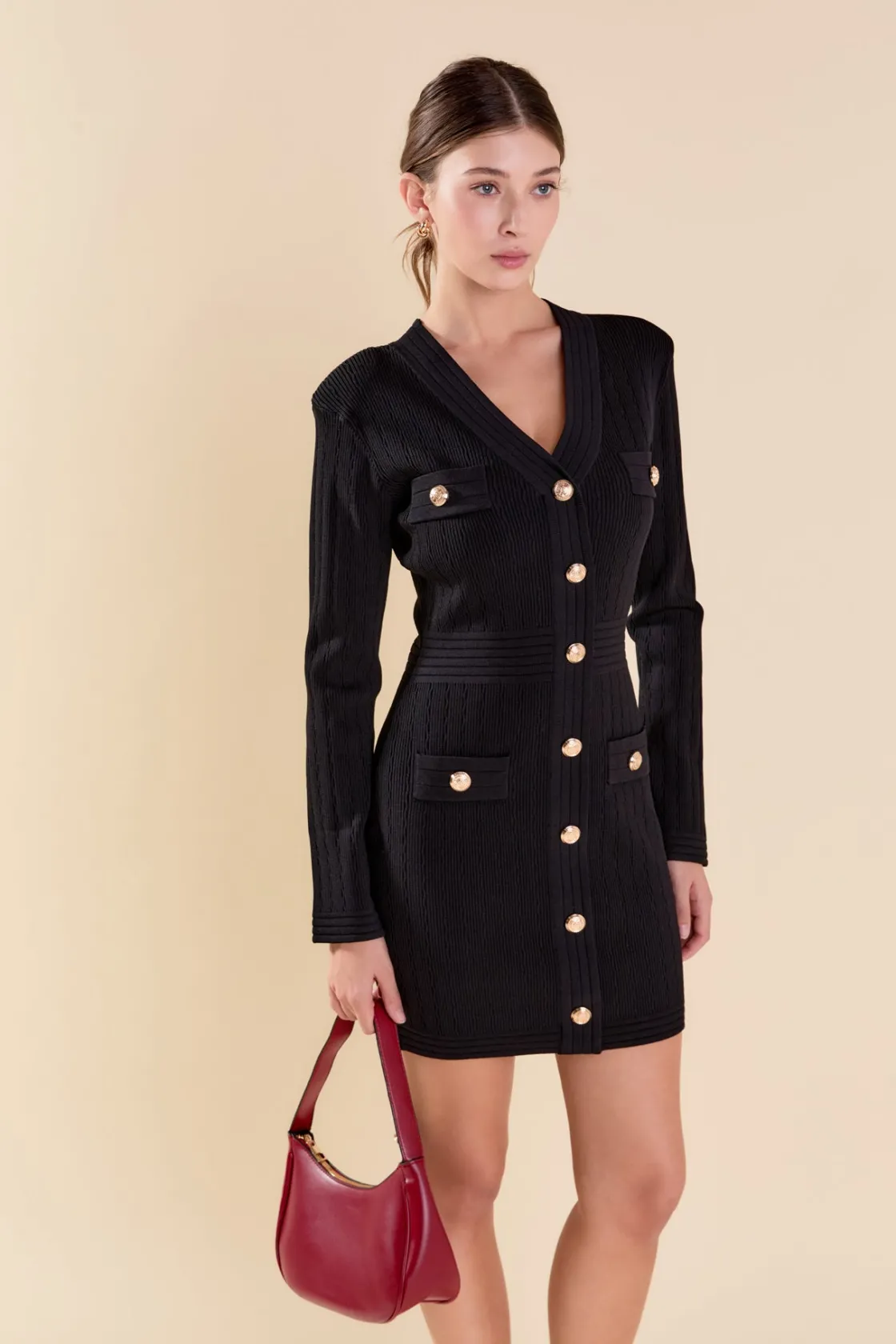 endless_rose__vneck_long__3-1.webp ENDLESS ROSE Knit Dresses | Sweaters & Knits*- V-neck Long Sleeve Knit Mini Dress