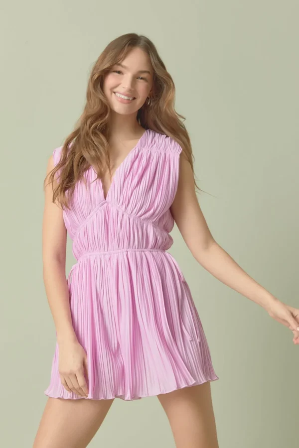 ENDLESS ROSE Tops*- V-Neck Pleated Romper PINK