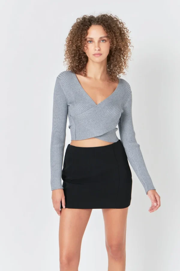ENDLESS ROSE Tops*- V-neck Wrap Knit Top HEATHERGREY