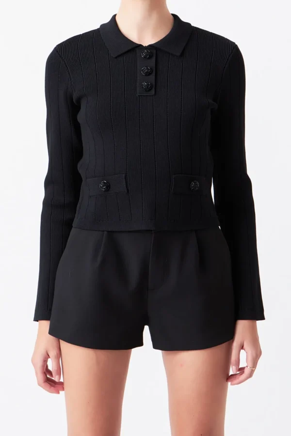 ENDLESS ROSE Tops*-Jewel Buttoned Knit Long Sleeve Top BLACK