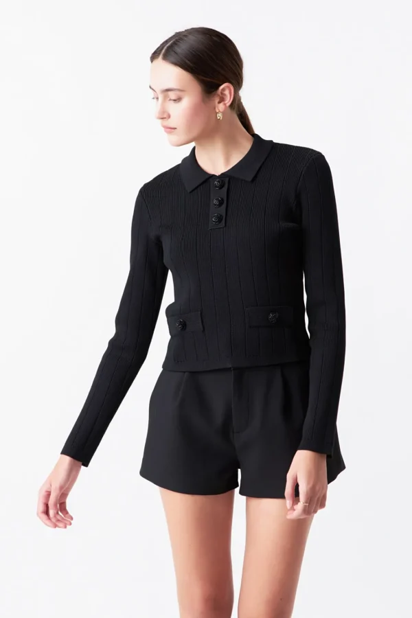 ENDLESS ROSE Tops*-Jewel Buttoned Knit Long Sleeve Top BLACK