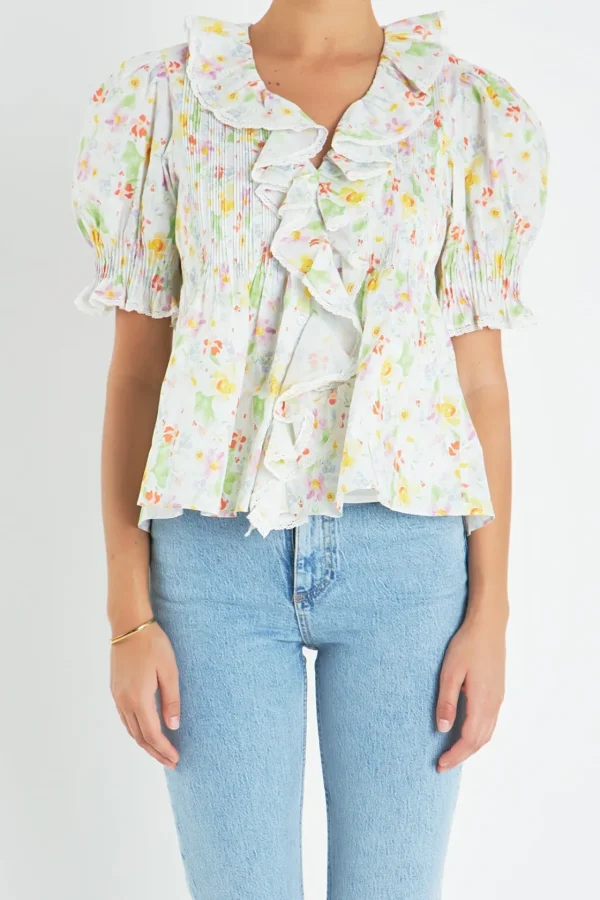 ENGLISH FACTORY Tops*- Abstract Floral Print Ruffle Top WHITEMULTI