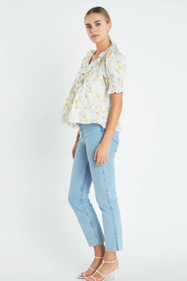 ENGLISH FACTORY Tops*- Abstract Floral Print Ruffle Top WHITEMULTI