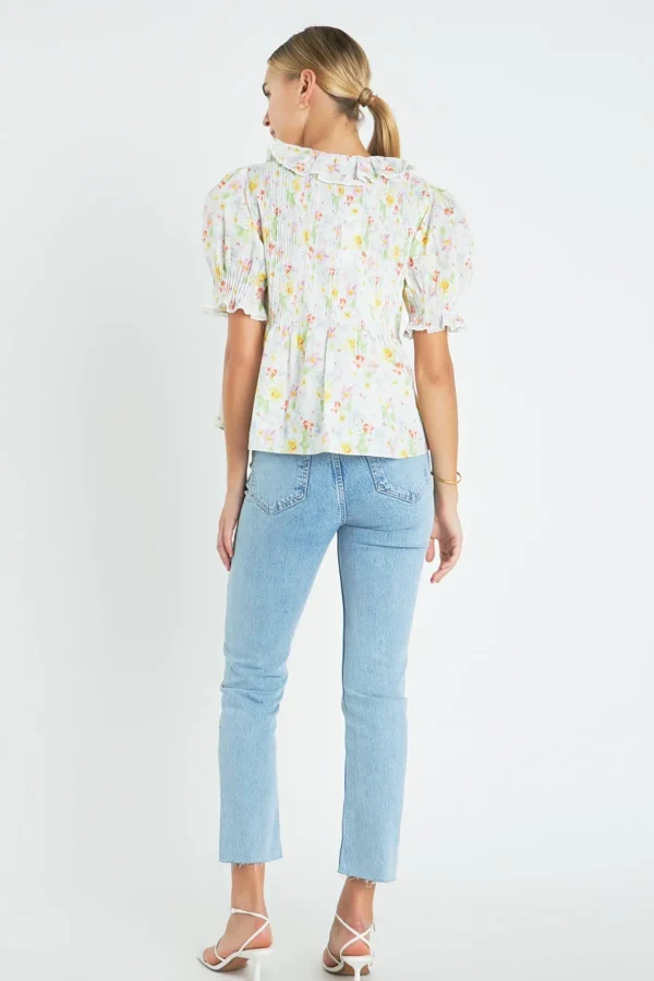 ENGLISH FACTORY Tops*- Abstract Floral Print Ruffle Top WHITEMULTI