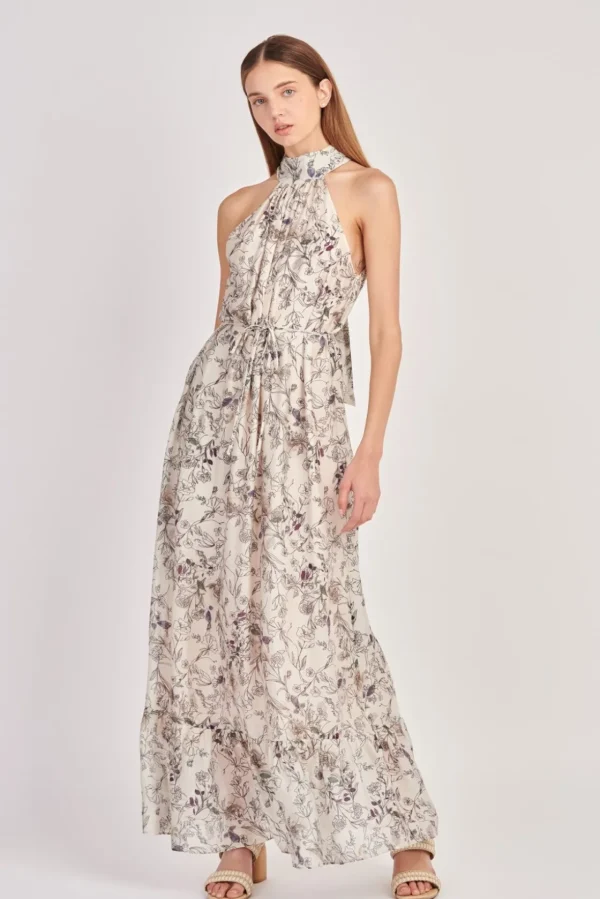 ENGLISH FACTORY Floral Dresses*- Abstract Floral Print Halter Maxi Dress IVORYMULTI