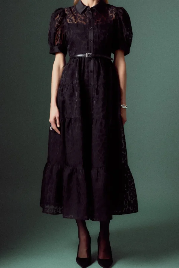 ENGLISH FACTORY Organza | Tops*- Animal Print Button Up Maxi Dress BLACK