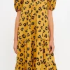ENGLISH FACTORY Puff Sleeve | Tops*- Animal Print Midi Dress LEOPARD