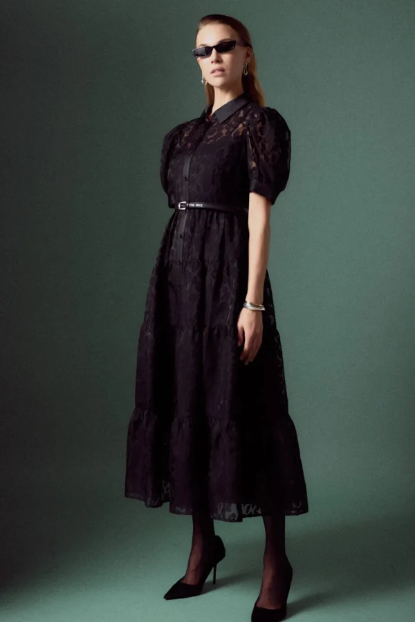ENGLISH FACTORY Organza | Tops*- Animal Print Button Up Maxi Dress BLACK