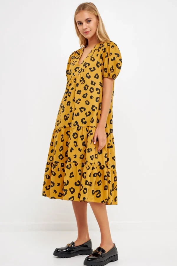 ENGLISH FACTORY Puff Sleeve | Tops*- Animal Print Midi Dress LEOPARD
