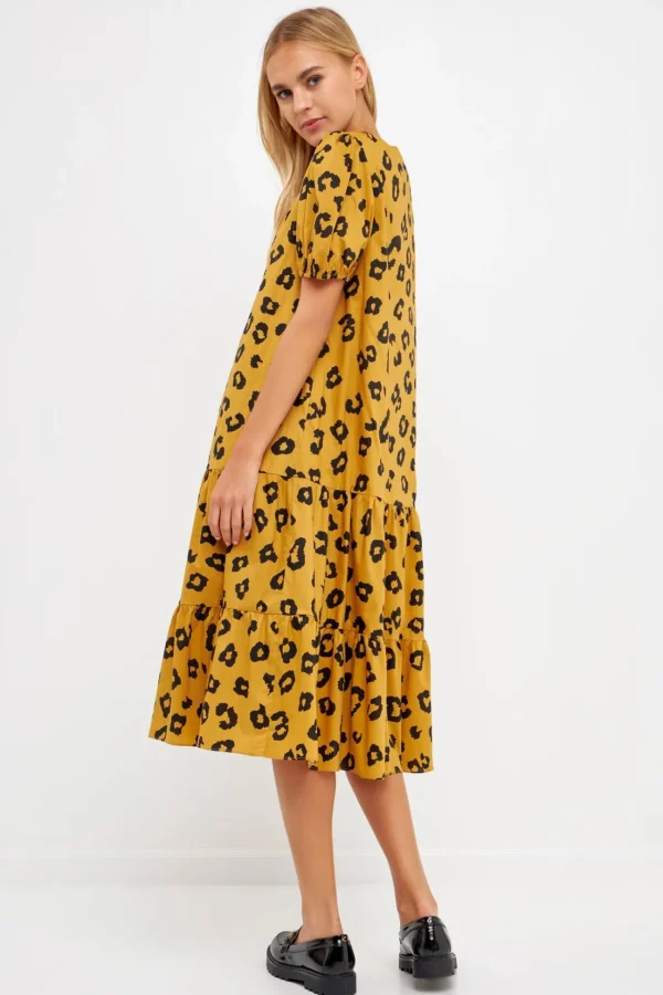 ENGLISH FACTORY Puff Sleeve | Tops*- Animal Print Midi Dress LEOPARD