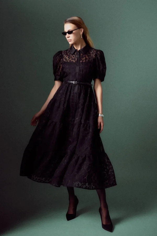 ENGLISH FACTORY Organza | Tops*- Animal Print Button Up Maxi Dress BLACK