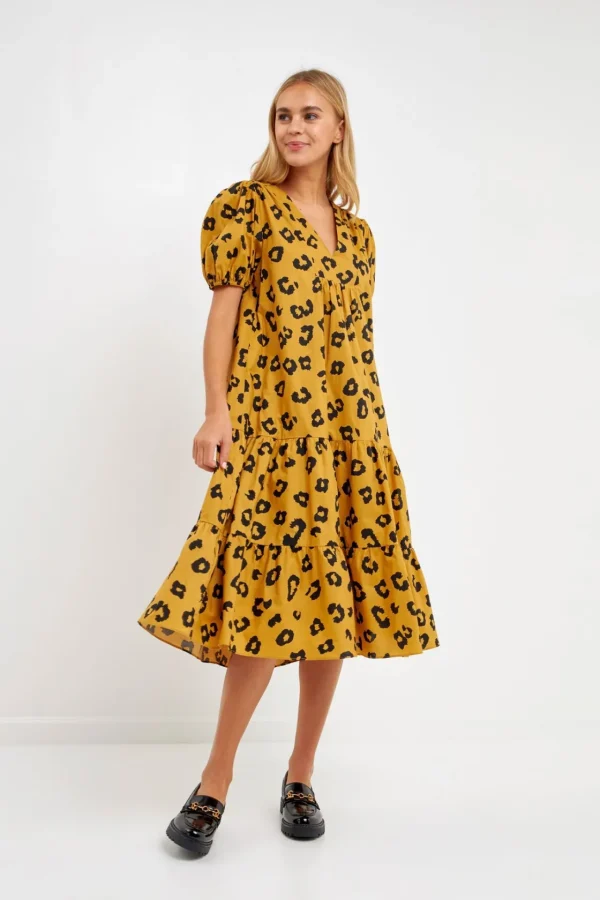 ENGLISH FACTORY Puff Sleeve | Tops*- Animal Print Midi Dress LEOPARD