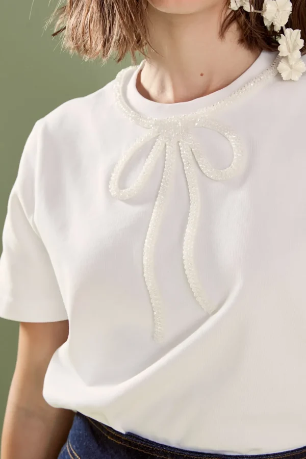 ENGLISH FACTORY Tops*- Annabelle Beaded Bow Tee