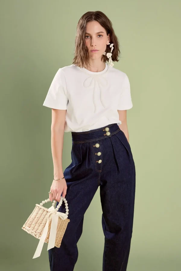ENGLISH FACTORY Tops*- Annabelle Beaded Bow Tee