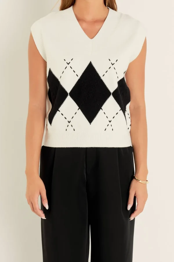 ENGLISH FACTORY Tops*- Argyle Knit V-Neck Vest