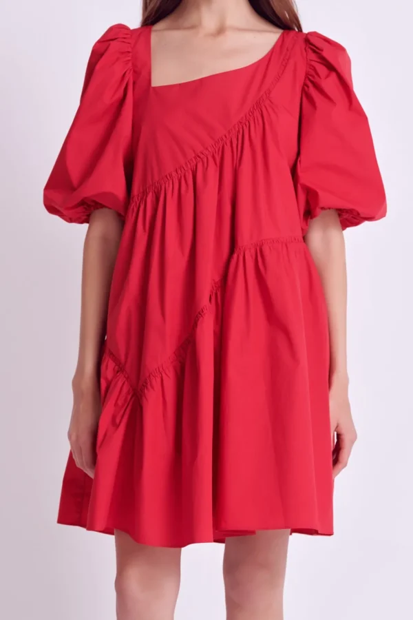 ENGLISH FACTORY Puff Sleeve | Tops*- Asymmetric Poplin Tiered Dress