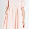 ENGLISH FACTORY Puff Sleeve | Tops*- Asymmetrical Babydoll Mini with Back Spaghetti Ties LIGHTPINK