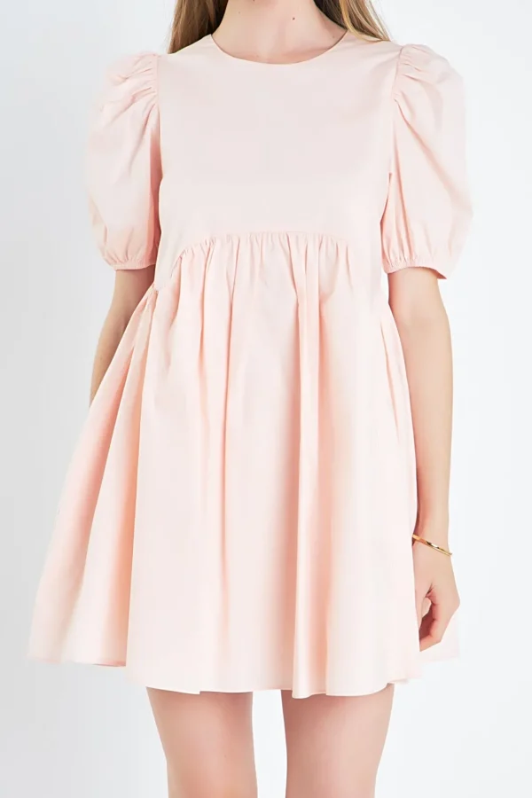 ENGLISH FACTORY Puff Sleeve | Tops*- Asymmetrical Babydoll Mini with Back Spaghetti Ties LIGHTPINK