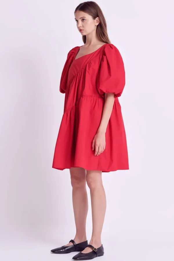 ENGLISH FACTORY Puff Sleeve | Tops*- Asymmetric Poplin Tiered Dress
