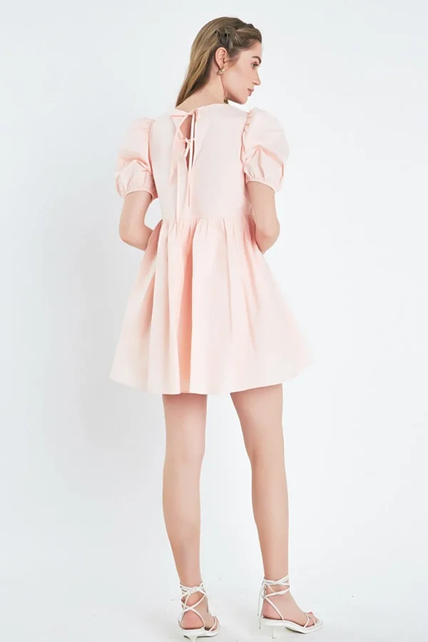 ENGLISH FACTORY Puff Sleeve | Tops*- Asymmetrical Babydoll Mini with Back Spaghetti Ties LIGHTPINK