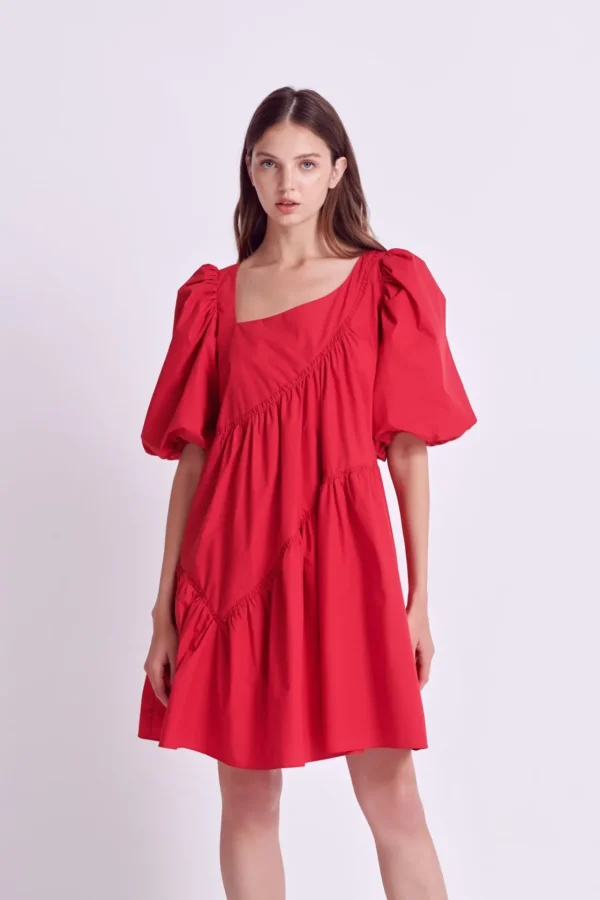 ENGLISH FACTORY Puff Sleeve | Tops*- Asymmetric Poplin Tiered Dress