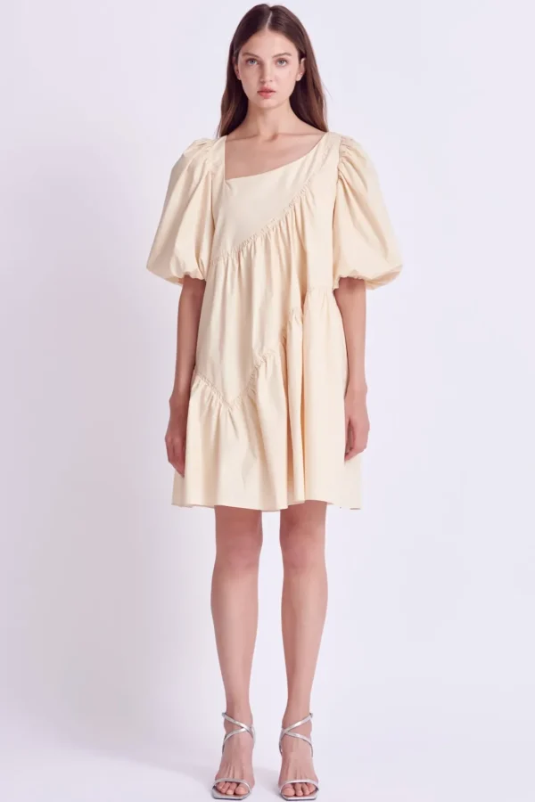 ENGLISH FACTORY Puff Sleeve | Tops*- Asymmetric Poplin Tiered Dress