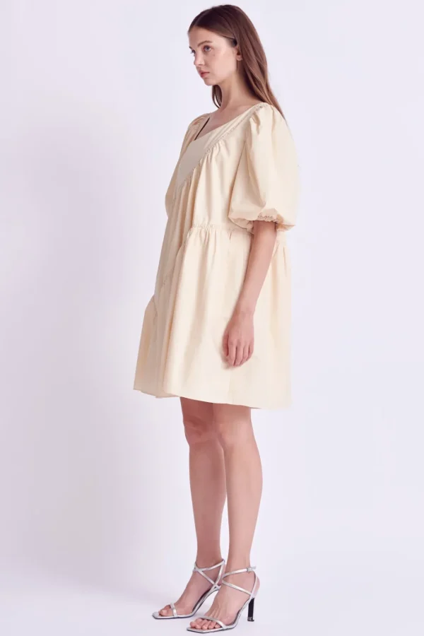ENGLISH FACTORY Puff Sleeve | Tops*- Asymmetric Poplin Tiered Dress