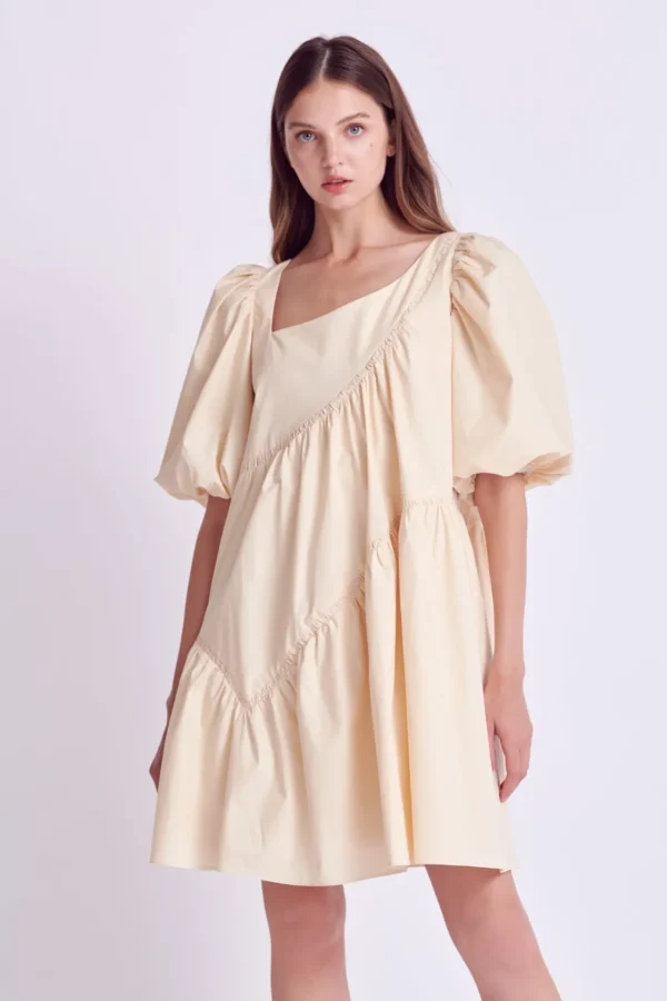 ENGLISH FACTORY Puff Sleeve | Tops*- Asymmetric Poplin Tiered Dress