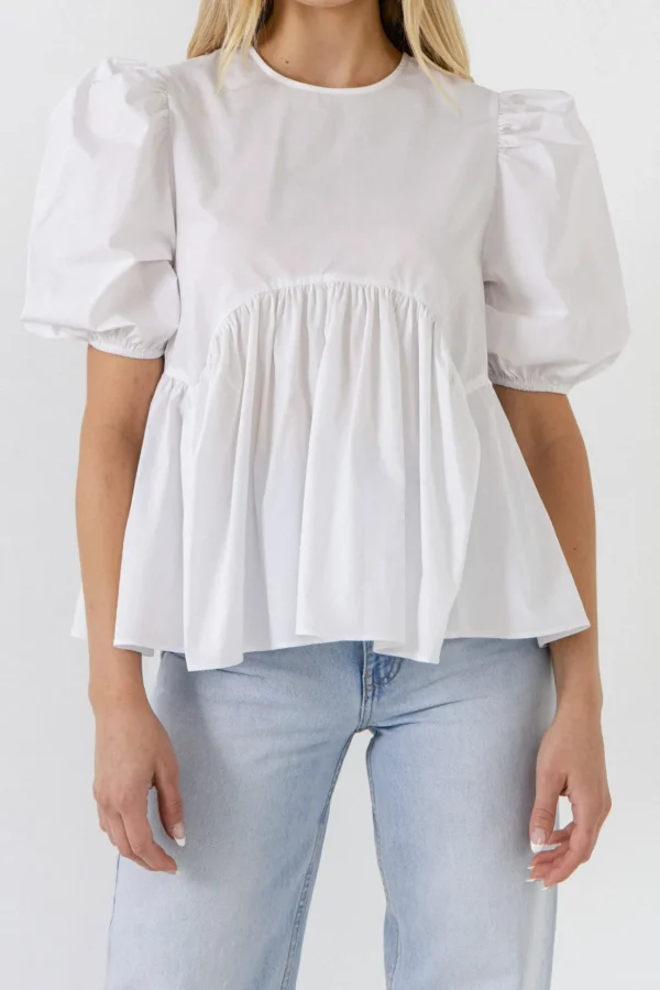 ENGLISH FACTORY Tops*- Baby Doll Top with Back Spaghetti Tie WHITE