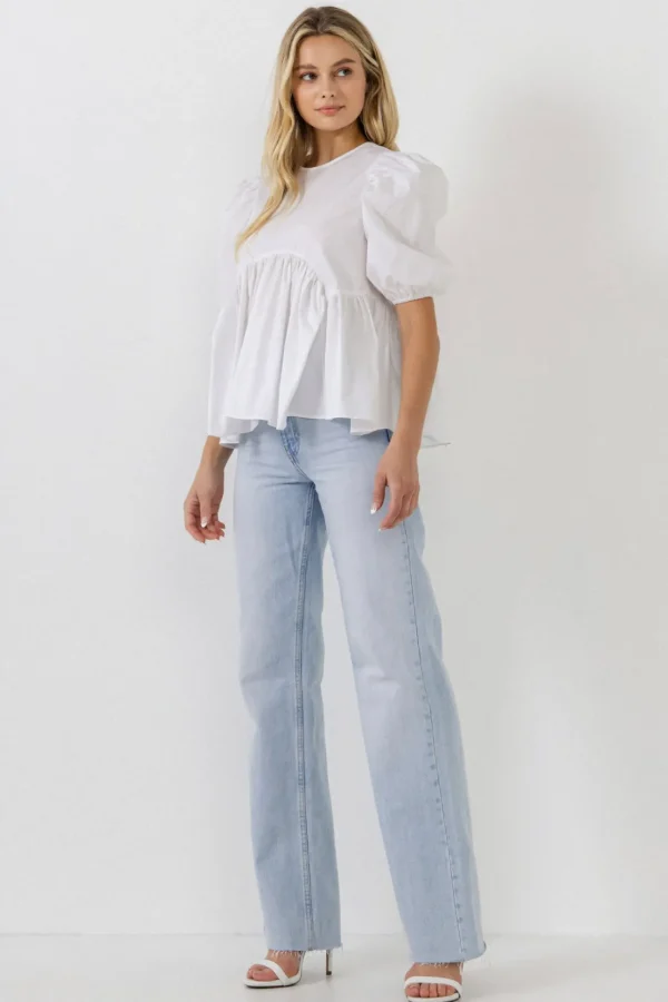 ENGLISH FACTORY Tops*- Baby Doll Top with Back Spaghetti Tie WHITE