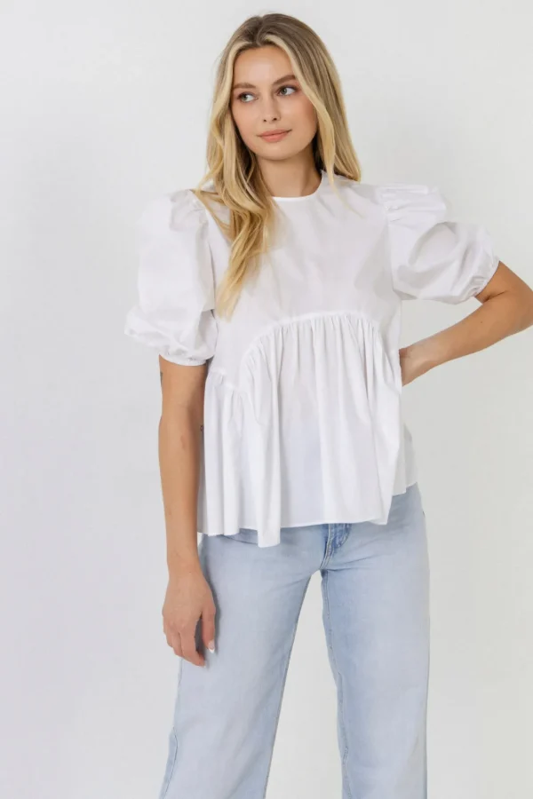 ENGLISH FACTORY Tops*- Baby Doll Top with Back Spaghetti Tie WHITE