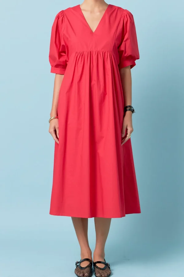 ENGLISH FACTORY Puff Sleeve | Tops*- Back Bow Detail Midi Dress RED