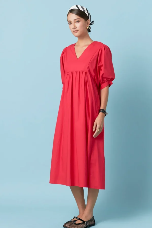 ENGLISH FACTORY Puff Sleeve | Tops*- Back Bow Detail Midi Dress RED