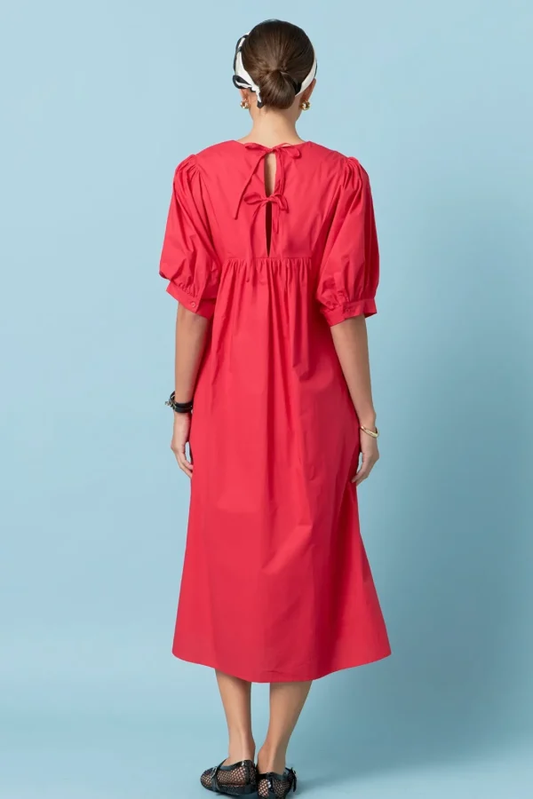 ENGLISH FACTORY Puff Sleeve | Tops*- Back Bow Detail Midi Dress RED
