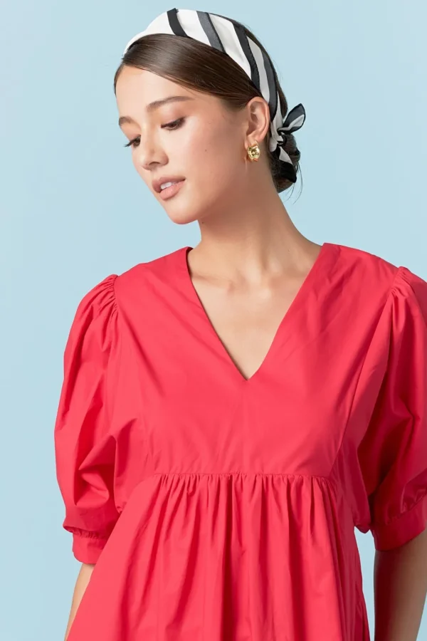 ENGLISH FACTORY Puff Sleeve | Tops*- Back Bow Detail Midi Dress RED