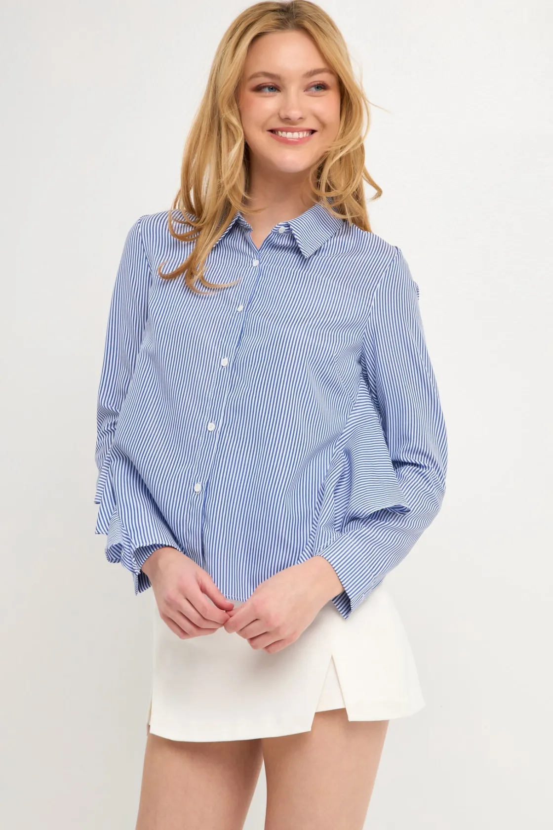 english_factory__back_fla_3.webp ENGLISH FACTORY Shirts & Blouses | Tops*- Back Flared Stripe Shirt MARINABLUE