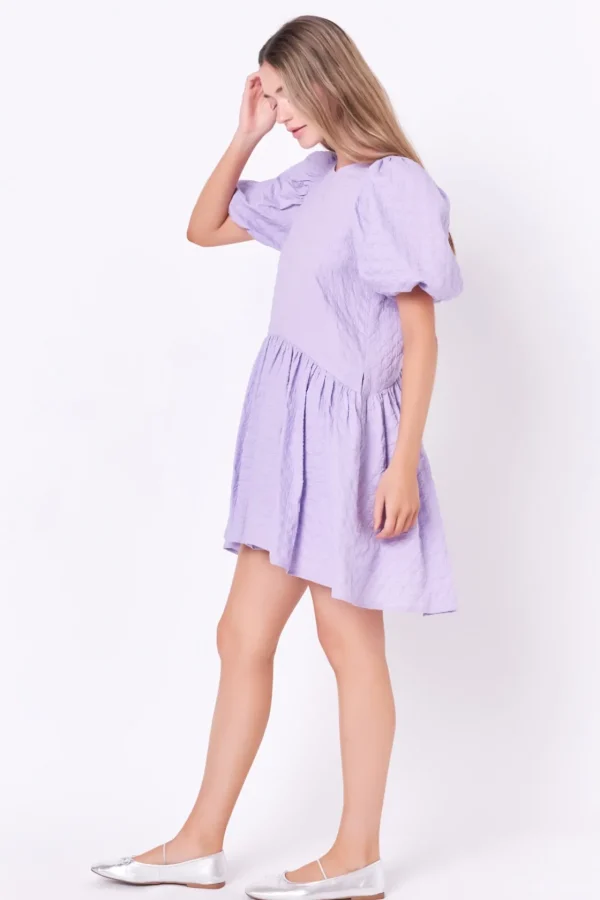 ENGLISH FACTORY Puff Sleeve | Tops*- Back Tie Jacquard Puff Dress LAVENDER