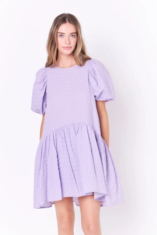 ENGLISH FACTORY Puff Sleeve | Tops*- Back Tie Jacquard Puff Dress LAVENDER