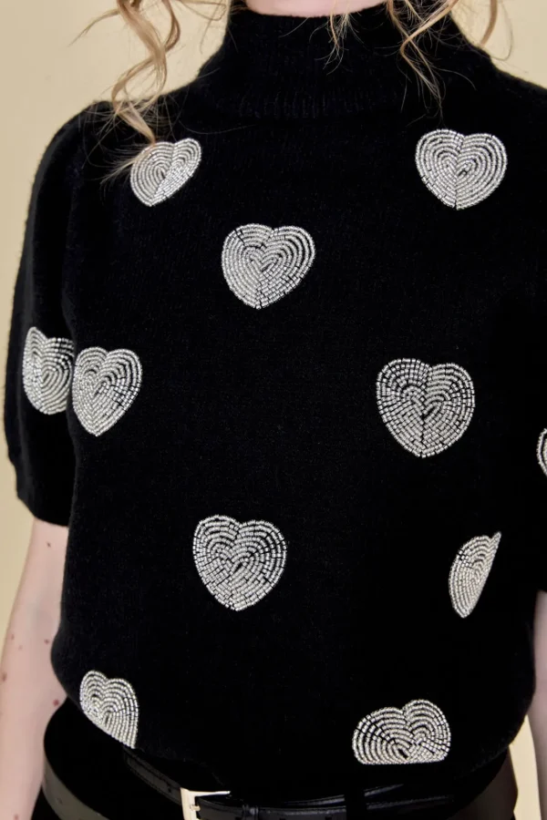 ENGLISH FACTORY Tops*- Beaded Heart Puff Sleeve Knit BLACK