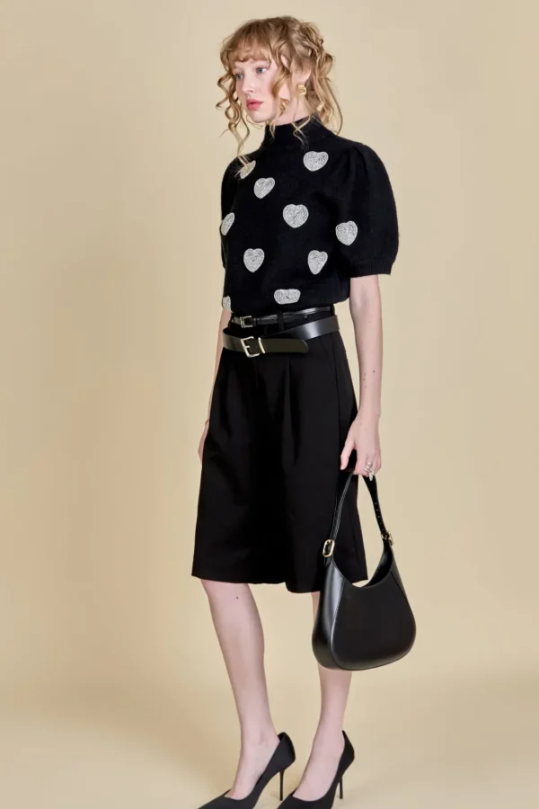 ENGLISH FACTORY Tops*- Beaded Heart Puff Sleeve Knit BLACK