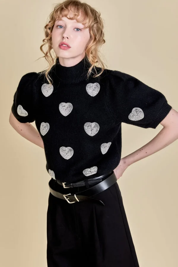 ENGLISH FACTORY Tops*- Beaded Heart Puff Sleeve Knit BLACK