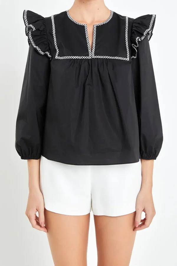 ENGLISH FACTORY Tops*- Black & White Contrast Embroidery Top BLACK/WHITE