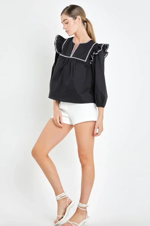 ENGLISH FACTORY Tops*- Black & White Contrast Embroidery Top BLACK/WHITE