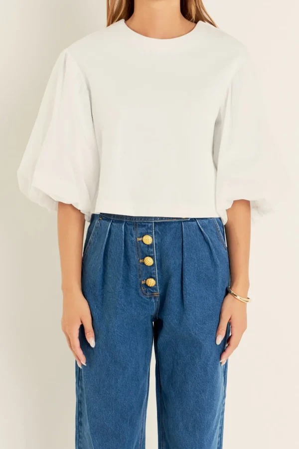 ENGLISH FACTORY Tops*- Blouson Mixed Media Top WHITE